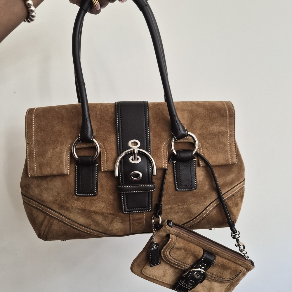 SOLD Coach Brown Suede Satchel with Black Leather Trim